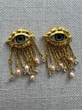 Gold Surrealist Eye Gaze Pendant Earrings